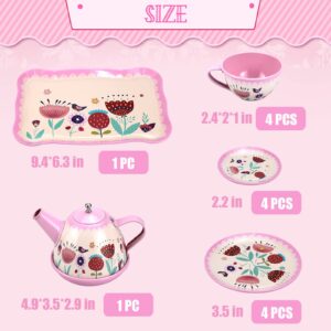 Pink Tea Set for Little Girls,Flower Design Kids Tea Party Set,Princess Tea Time Toys Teapot Dishes Kitchen Pretend Play Tin Tea Party Set for Girls