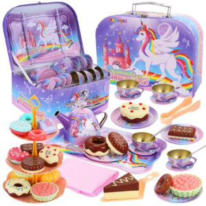 tea party set for little girls, princess tea time toy set with food playset,dessert tower,tablecloth&carrying case,kitchen pretend play for birthday girls age 3 4 5 6 7 year old kids toddlers