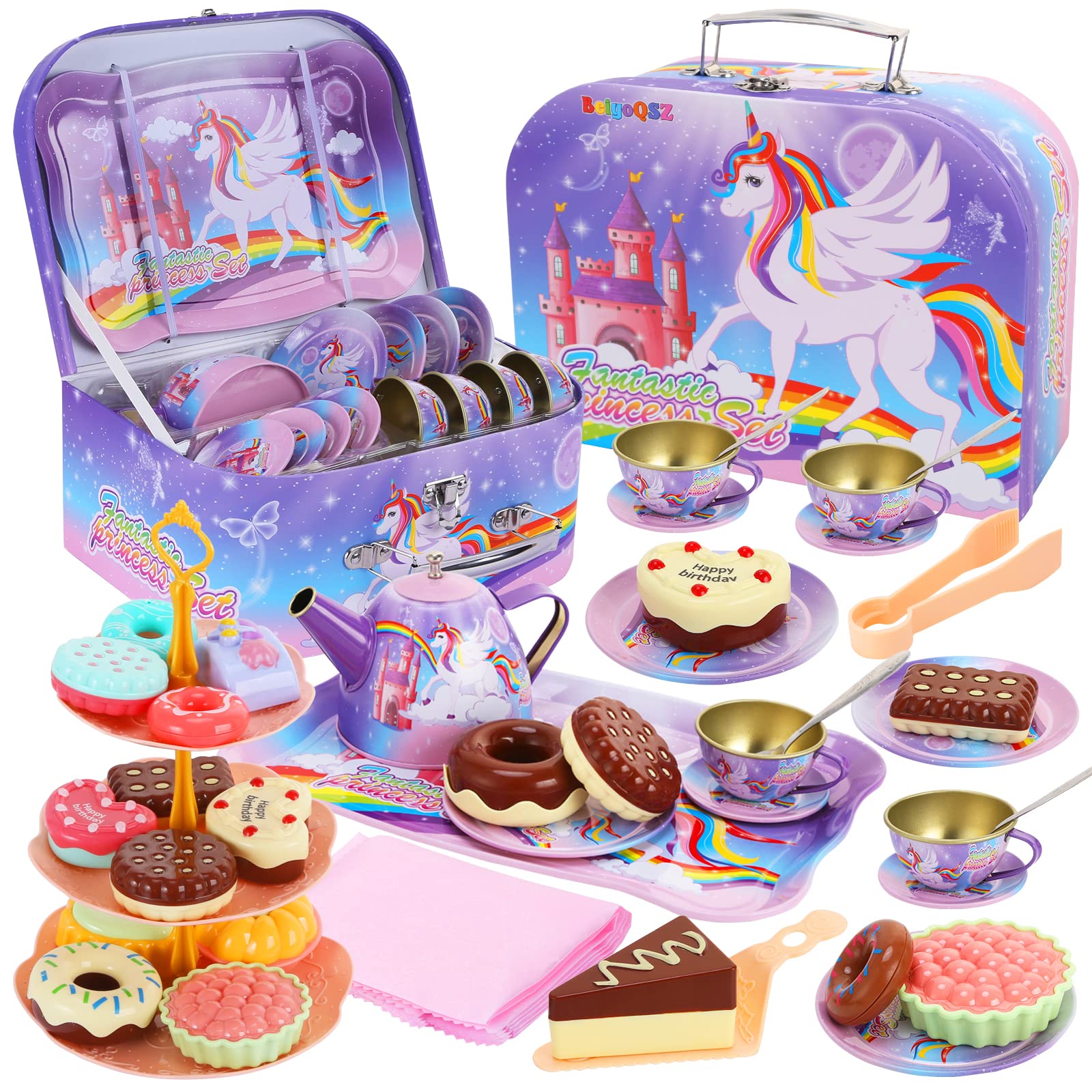 Tea Party Set for Little Girls, Princess Tea Time Toy Set with Food Playset,Dessert Tower,Tablecloth&Carrying Case,Kitchen Pretend Play for Birthday Girls Age 3 4 5 6 7 Year Old Kids Toddlers