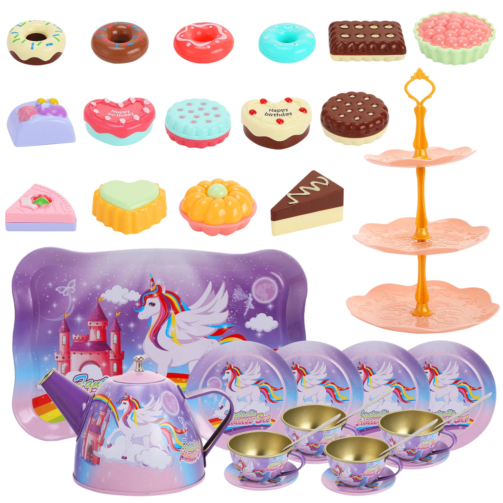 Tea Party Set for Little Girls, Princess Tea Time Toy Set with Food Playset,Dessert Tower,Tablecloth&Carrying Case,Kitchen Pretend Play for Birthday Girls Age 3 4 5 6 7 Year Old Kids Toddlers