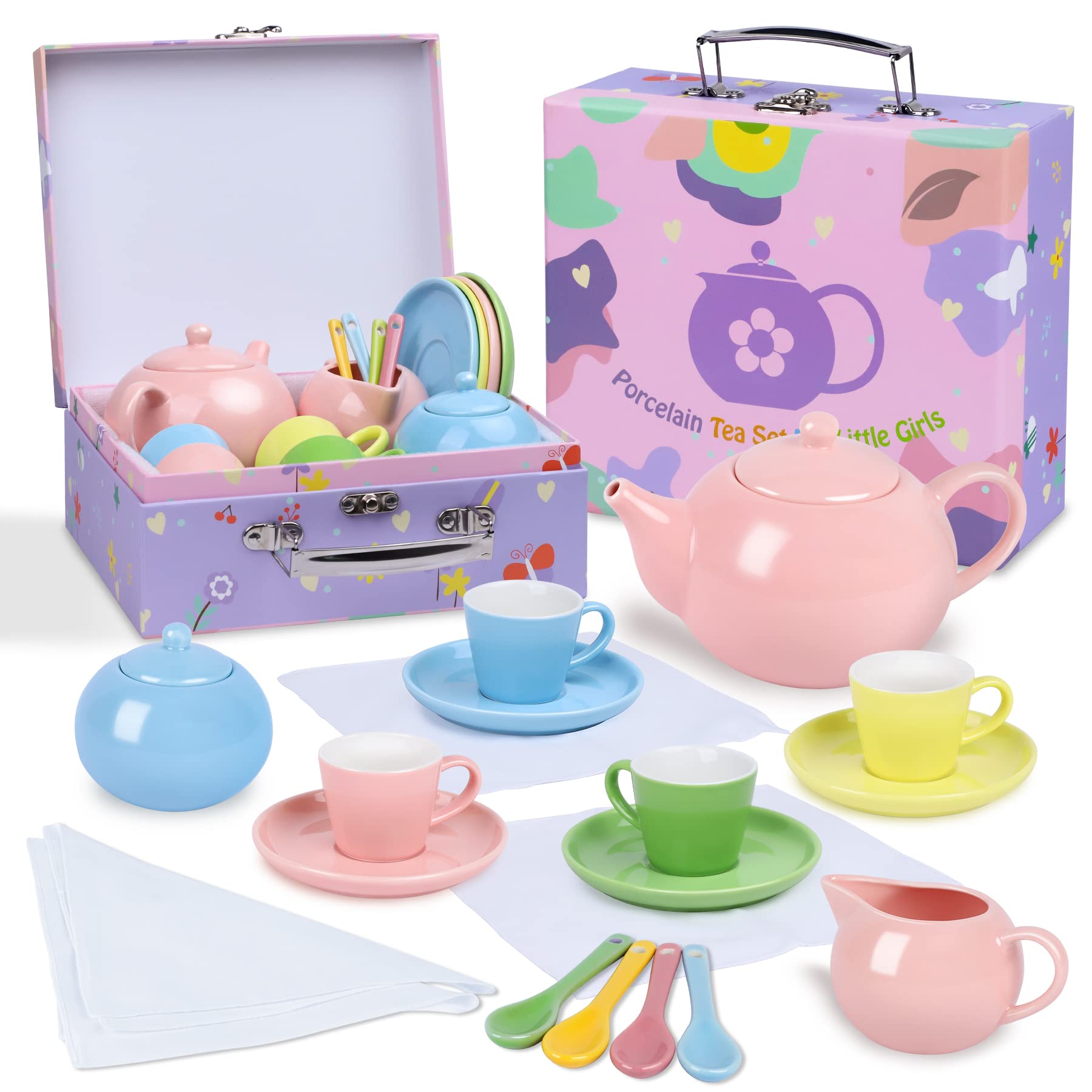 Porcelain Tea Party Set for Little Girls, 22 Pcs Princess Tea Time Toy Including Teapot,Saucers,Teacups,Sugar Bowl,Creamer Pitcher,Spoons & Tablecloth, Kids Kitchen Pretend Play for Girls Boys