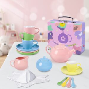 Porcelain Tea Party Set for Little Girls, 22 Pcs Princess Tea Time Toy Including Teapot,Saucers,Teacups,Sugar Bowl,Creamer Pitcher,Spoons & Tablecloth, Kids Kitchen Pretend Play for Girls Boys