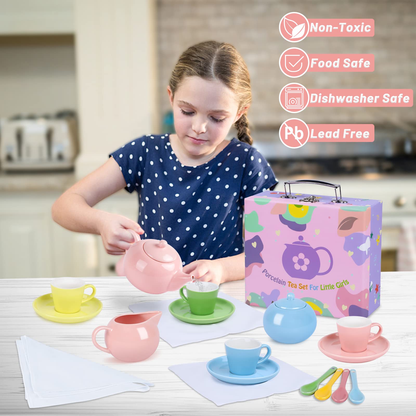 Porcelain Tea Party Set for Little Girls, 22 Pcs Princess Tea Time Toy Including Teapot,Saucers,Teacups,Sugar Bowl,Creamer Pitcher,Spoons & Tablecloth, Kids Kitchen Pretend Play for Girls Boys