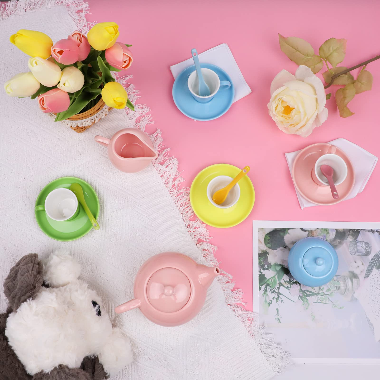 Porcelain Tea Party Set for Little Girls, 22 Pcs Princess Tea Time Toy Including Teapot,Saucers,Teacups,Sugar Bowl,Creamer Pitcher,Spoons & Tablecloth, Kids Kitchen Pretend Play for Girls Boys