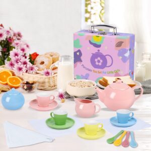 Porcelain Tea Party Set for Little Girls, 22 Pcs Princess Tea Time Toy Including Teapot,Saucers,Teacups,Sugar Bowl,Creamer Pitcher,Spoons & Tablecloth, Kids Kitchen Pretend Play for Girls Boys