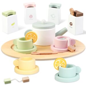 wooden tea set for little girls - 20pcs tea party toys set - toddler play kitchen accessories play food toy for kids boys girls