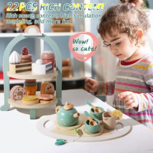 23 Pieces Toddler Tea Set Little Girl Wooden Tea Party Set with Cake Stand and Food Children's Kitchen Game Set Wooden Toys for 3, 4, 5, 6 Year Old Girls Birthday Gifts.