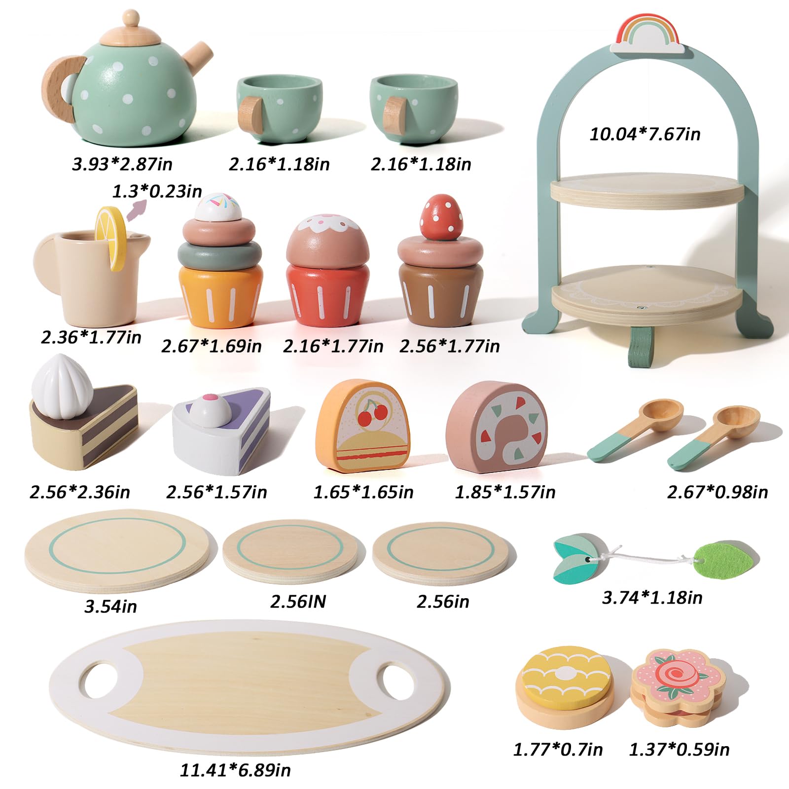 23 Pieces Toddler Tea Set Little Girl Wooden Tea Party Set with Cake Stand and Food Children's Kitchen Game Set Wooden Toys for 3, 4, 5, 6 Year Old Girls Birthday Gifts.