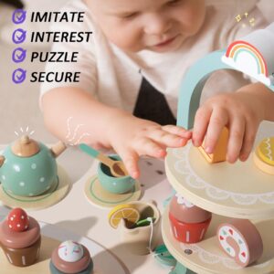 23 Pieces Toddler Tea Set Little Girl Wooden Tea Party Set with Cake Stand and Food Children's Kitchen Game Set Wooden Toys for 3, 4, 5, 6 Year Old Girls Birthday Gifts.