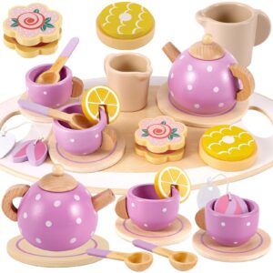 BUYGER Wooden Tea Party Set for Toddler Little Girls 3-5 with Teapot Tea Cup Set Wooden Play Food Toy Kitchen Accessories for Kids Girls Children Boys Toddler…