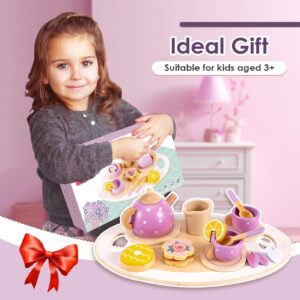 BUYGER Wooden Tea Party Set for Toddler Little Girls 3-5 with Teapot Tea Cup Set Wooden Play Food Toy Kitchen Accessories for Kids Girls Children Boys Toddler…