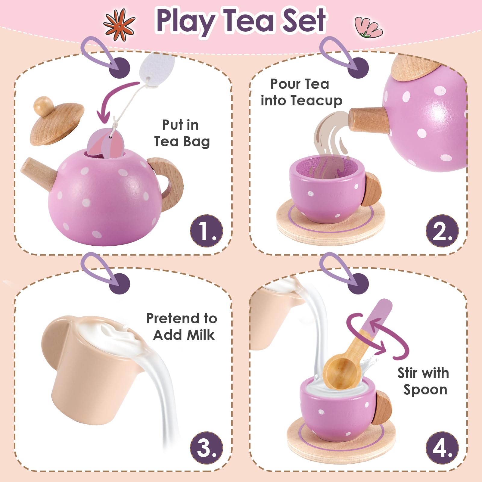 BUYGER Wooden Tea Party Set for Toddler Little Girls 3-5 with Teapot Tea Cup Set Wooden Play Food Toy Kitchen Accessories for Kids Girls Children Boys Toddler…