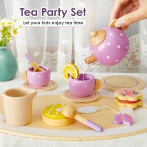 BUYGER Wooden Tea Party Set for Toddler Little Girls 3-5 with Teapot Tea Cup Set Wooden Play Food Toy Kitchen Accessories for Kids Girls Children Boys Toddler…