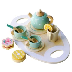 wooden tea party set for little girls toys, pretend play kids tea set for toddlers wood toys, wooden play food kitchen accessories sets for kid