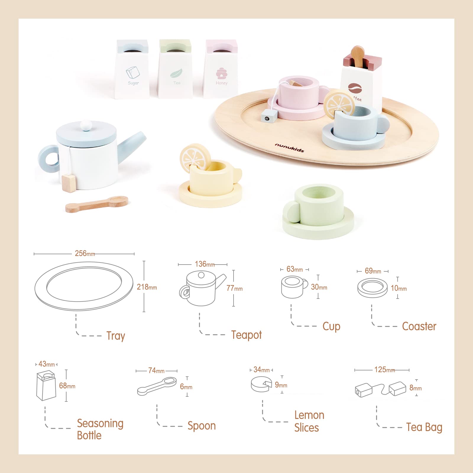 nunukids wooden tea set for little girls tea party set for toddlers 20pcs Playset Pretend Play tea set toy