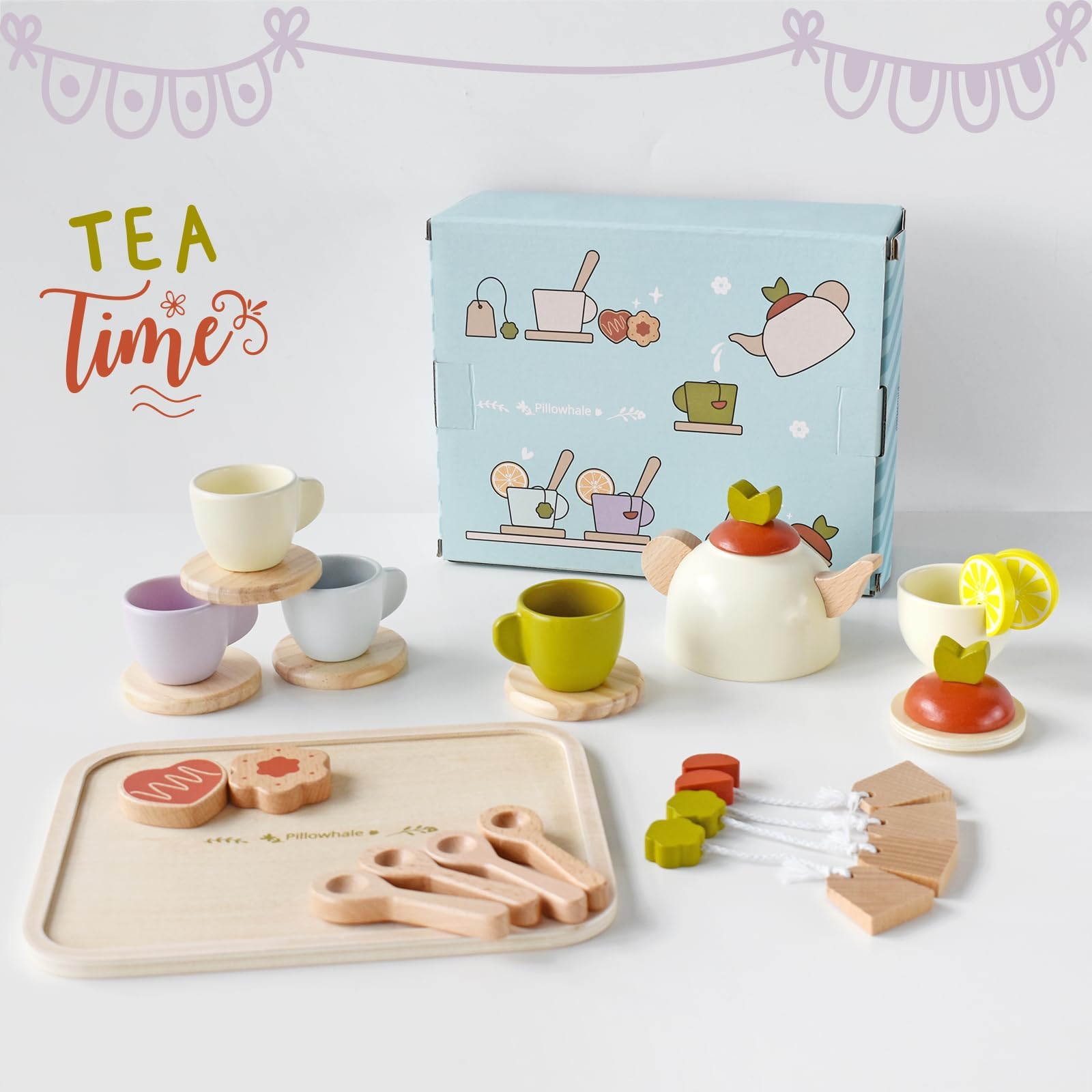 Pillowhale Wooden Toys Tea Party Set,Tea Set for Little Girls,Toddler Tea Set,Kids Play Kitchen Accessories,Play Food for Toddlers Boys Girls Ages 3+