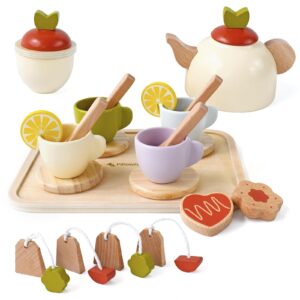 Pillowhale Wooden Toys Tea Party Set,Tea Set for Little Girls,Toddler Tea Set,Kids Play Kitchen Accessories,Play Food for Toddlers Boys Girls Ages 3+