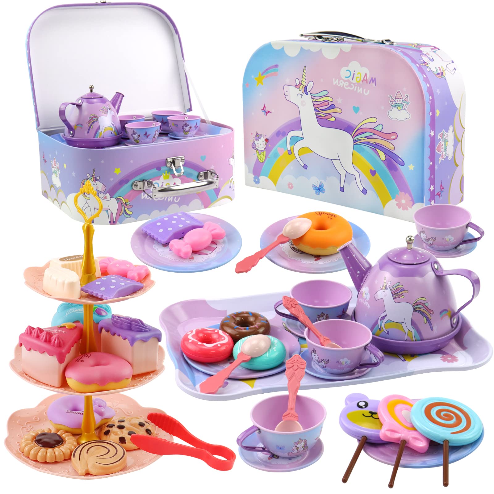 Motiloo 48Pcs Tea Set for Little Girls,Kids Pretend Toy Tin Tea Set and Carrying Case,Rainbow Magic Unicorn Design for Girls Princess Boys 3-6