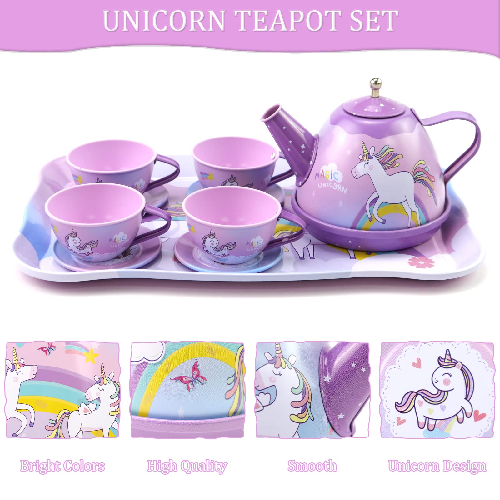 Motiloo 48Pcs Tea Set for Little Girls,Kids Pretend Toy Tin Tea Set and Carrying Case,Rainbow Magic Unicorn Design for Girls Princess Boys 3-6