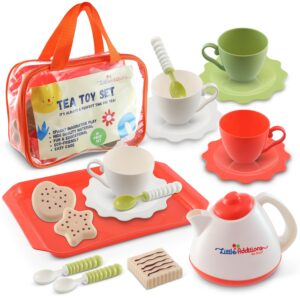 little additions tea party set for little girls, plastic tea set for little girls and boys, 17 pieces kids tea set, tea set for toddlers with carrying case, pretend play toddler tea set 3-6 years old