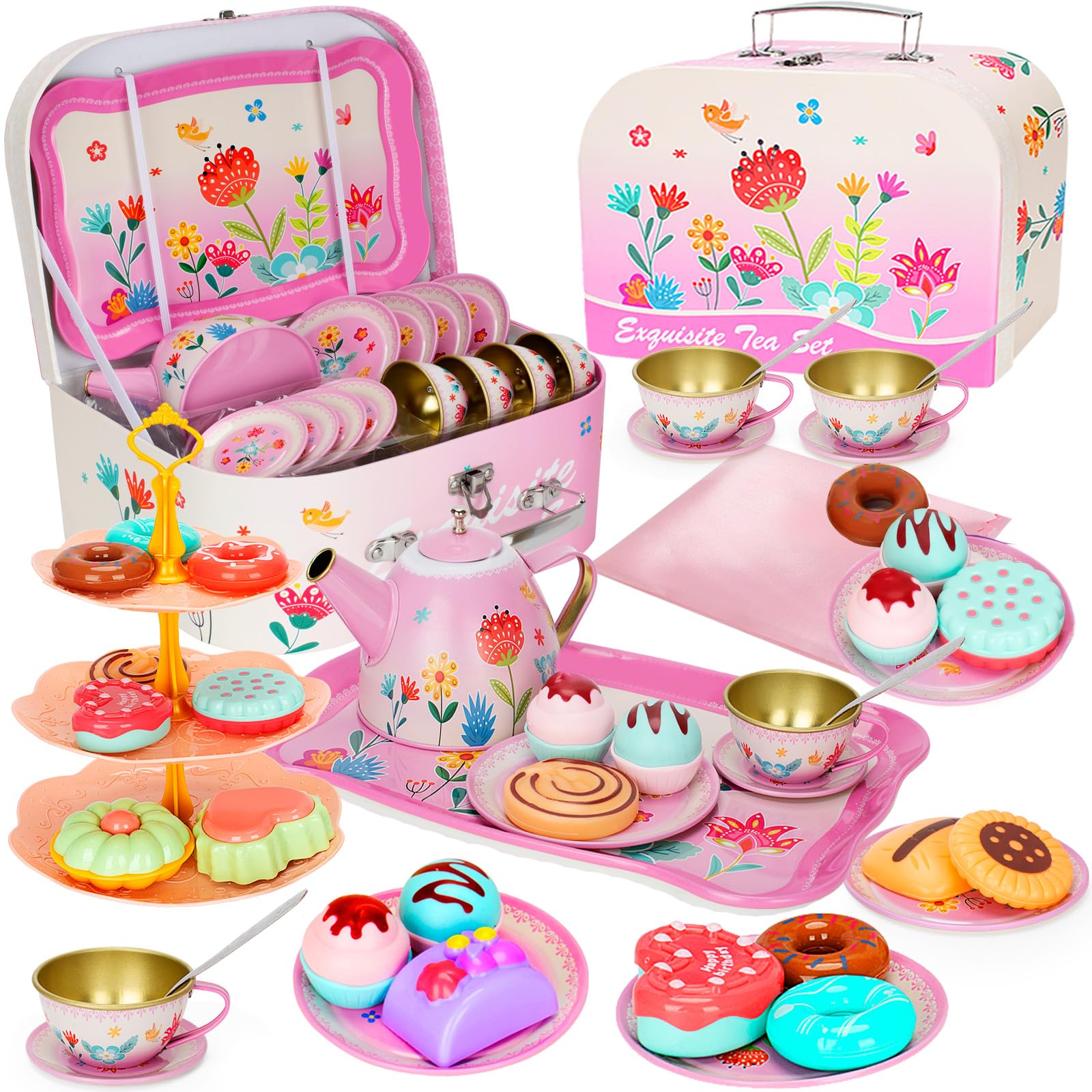 KMUYSL Tea Party Set for Little Girls, Kitchen Pretend Toy for Kids 3 4 5 6 Year Old, Girls Toys with Tin Tea Set, Desserts & Carrying Case, Christmas Easter Gift for Girls