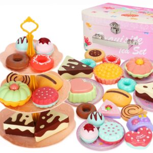KMUYSL Tea Party Set for Little Girls, Kitchen Pretend Toy for Kids 3 4 5 6 Year Old, Girls Toys with Tin Tea Set, Desserts & Carrying Case, Christmas Easter Gift for Girls