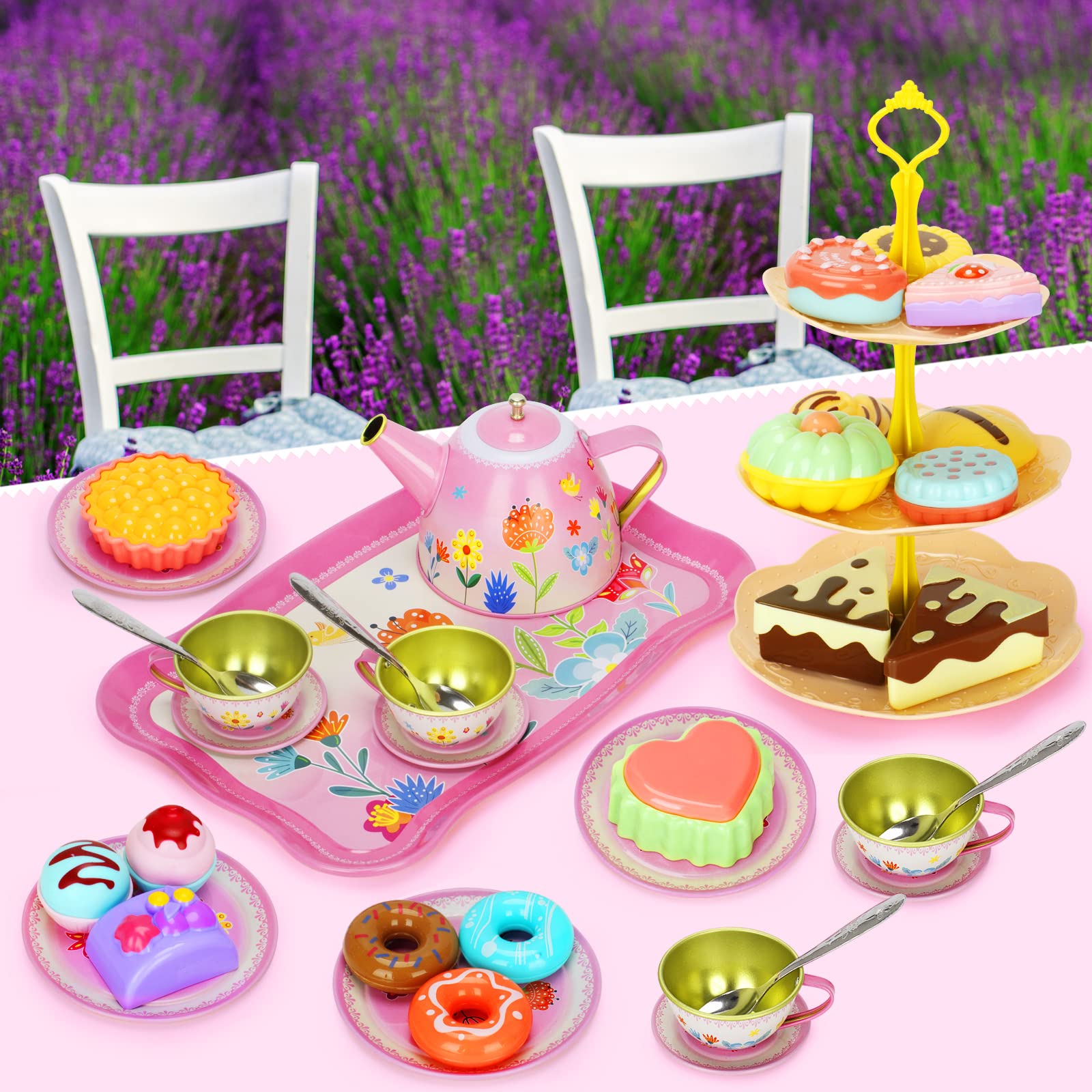 KMUYSL Tea Party Set for Little Girls, Kitchen Pretend Toy for Kids 3 4 5 6 Year Old, Girls Toys with Tin Tea Set, Desserts & Carrying Case, Christmas Easter Gift for Girls