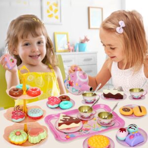 KMUYSL Tea Party Set for Little Girls, Kitchen Pretend Toy for Kids 3 4 5 6 Year Old, Girls Toys with Tin Tea Set, Desserts & Carrying Case, Christmas Easter Gift for Girls