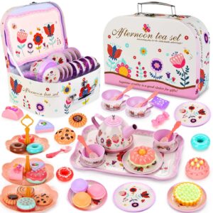 Lajeje Tea Set for Little Girls, Birthday Gift for Age 3 4 5 6 Year Old, Toddler Toys Tea Party Set for Little Girls, Princess Kids Kitchen Pretend Toy with Tin Tea Set, Desserts & Carrying Case