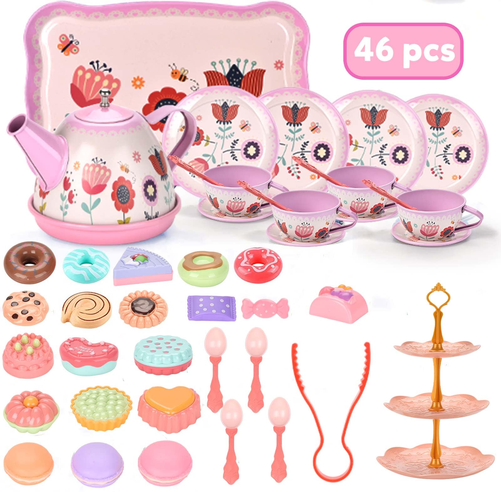 Lajeje Tea Set for Little Girls, Birthday Gift for Age 3 4 5 6 Year Old, Toddler Toys Tea Party Set for Little Girls, Princess Kids Kitchen Pretend Toy with Tin Tea Set, Desserts & Carrying Case