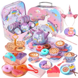 55pcs tea party set for little girls, princess tea party set, unicorn kid tin tea set,kids kitchen pretend toy, toddler tea party sets for girls 3-5, girls tea party set gift for 4 + year old girl