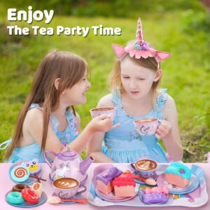 55Pcs Tea Party Set for Little Girls, Princess Tea Party Set, Unicorn Kid Tin Tea Set,Kids Kitchen Pretend Toy, Toddler Tea Party Sets for Girls 3-5, Girls Tea Party Set Gift for 4 + Year Old Girl