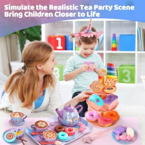 55Pcs Tea Party Set for Little Girls, Princess Tea Party Set, Unicorn Kid Tin Tea Set,Kids Kitchen Pretend Toy, Toddler Tea Party Sets for Girls 3-5, Girls Tea Party Set Gift for 4 + Year Old Girl