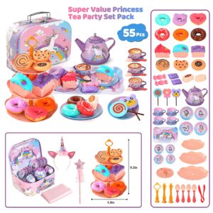 55Pcs Tea Party Set for Little Girls, Princess Tea Party Set, Unicorn Kid Tin Tea Set,Kids Kitchen Pretend Toy, Toddler Tea Party Sets for Girls 3-5, Girls Tea Party Set Gift for 4 + Year Old Girl