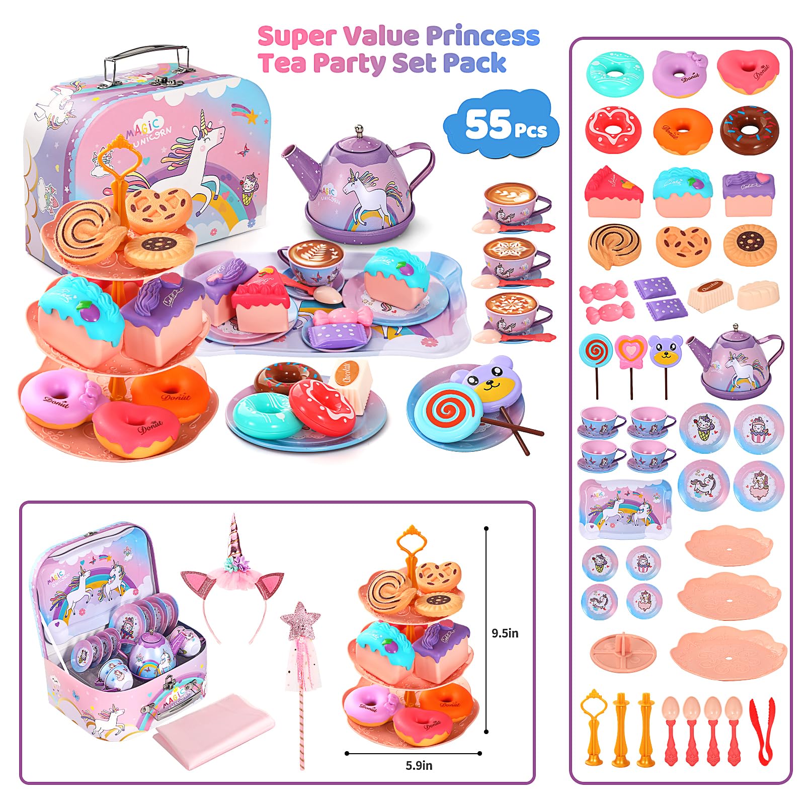 55Pcs Tea Party Set for Little Girls, Princess Tea Party Set, Unicorn Kid Tin Tea Set,Kids Kitchen Pretend Toy, Toddler Tea Party Sets for Girls 3-5, Girls Tea Party Set Gift for 4 + Year Old Girl