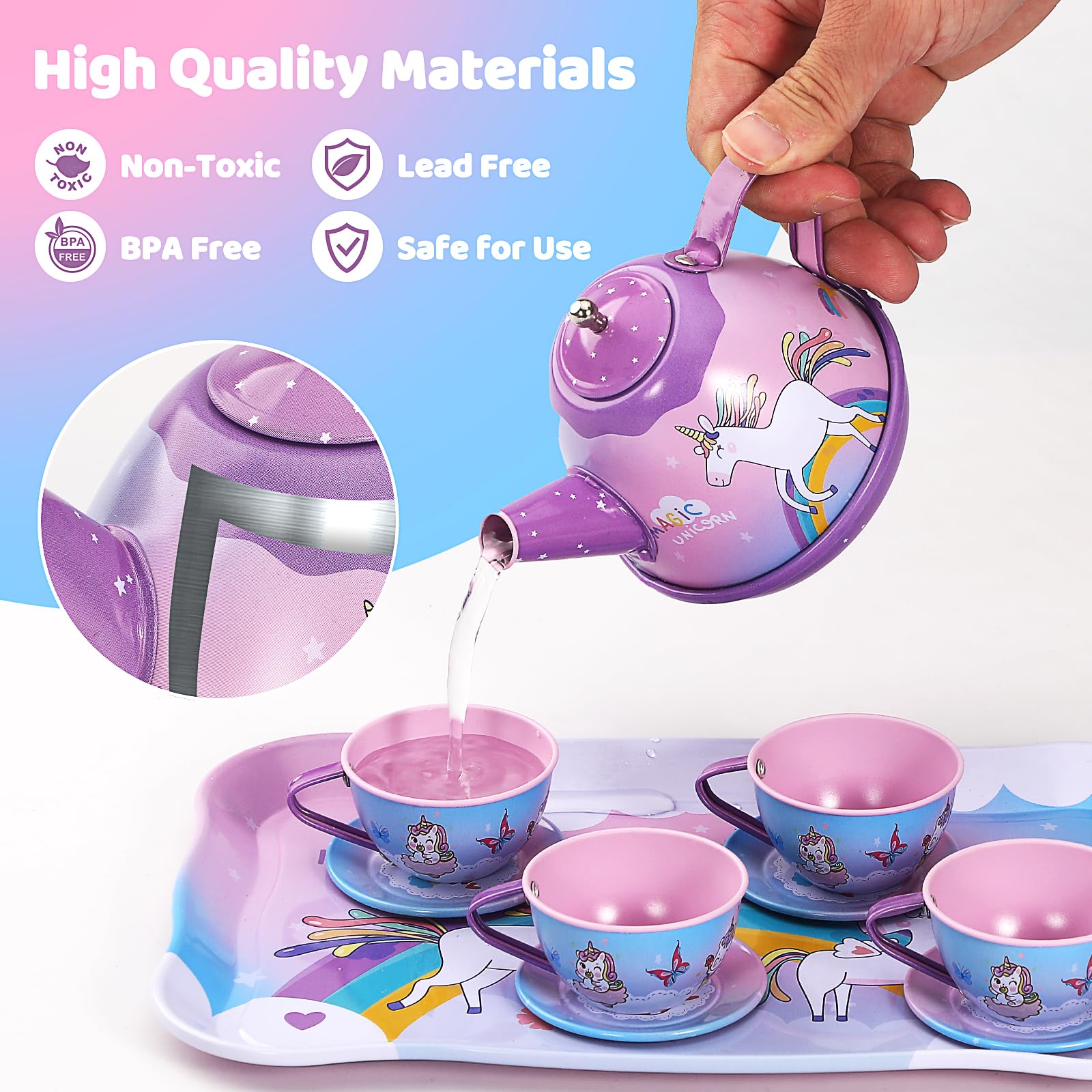 55Pcs Tea Party Set for Little Girls, Princess Tea Party Set, Unicorn Kid Tin Tea Set,Kids Kitchen Pretend Toy, Toddler Tea Party Sets for Girls 3-5, Girls Tea Party Set Gift for 4 + Year Old Girl