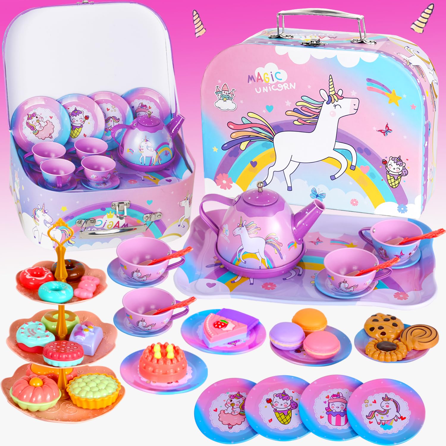 SENLISI Unicorn Tea Party Set for Little Girls,Pretend Tin Teapot Set,Princess Tea Time Toy Including Teapot, Cups, Plates and Carrying Case for Birthday Kids Toddlers Age 3 4 5 6