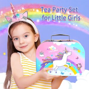 SENLISI Unicorn Tea Party Set for Little Girls,Pretend Tin Teapot Set,Princess Tea Time Toy Including Teapot, Cups, Plates and Carrying Case for Birthday Kids Toddlers Age 3 4 5 6