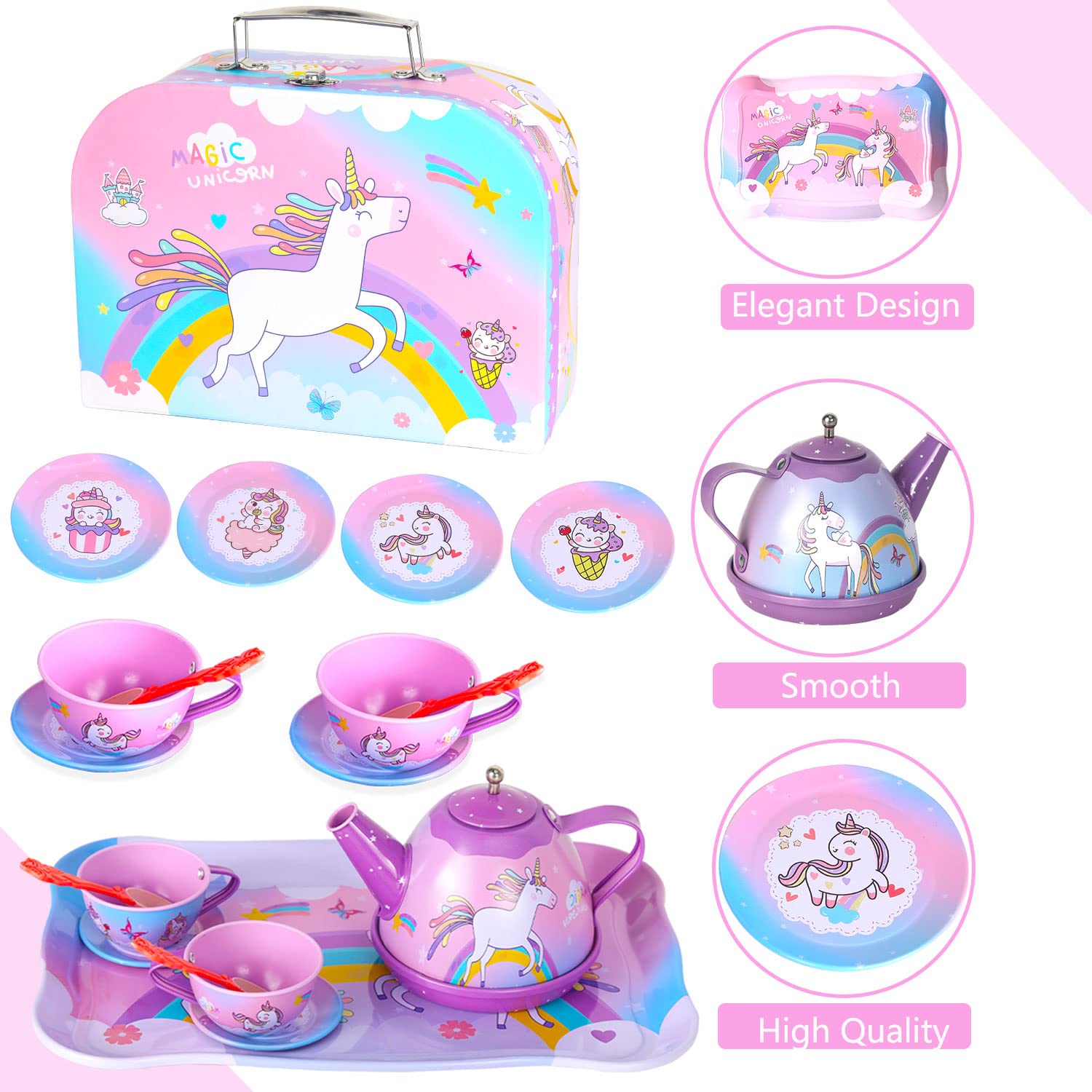 SENLISI Unicorn Tea Party Set for Little Girls,Pretend Tin Teapot Set,Princess Tea Time Toy Including Teapot, Cups, Plates and Carrying Case for Birthday Kids Toddlers Age 3 4 5 6