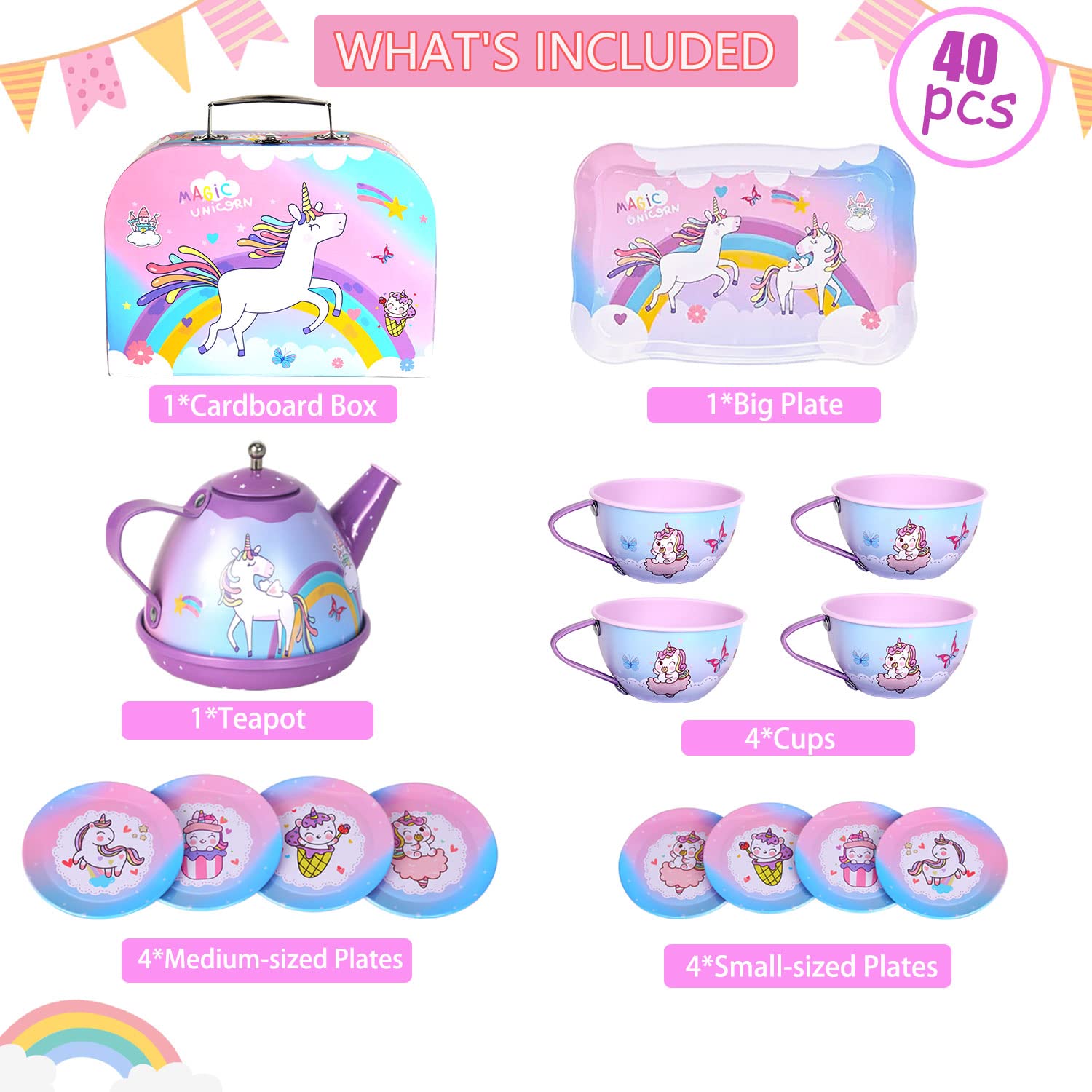 SENLISI Unicorn Tea Party Set for Little Girls,Pretend Tin Teapot Set,Princess Tea Time Toy Including Teapot, Cups, Plates and Carrying Case for Birthday Kids Toddlers Age 3 4 5 6