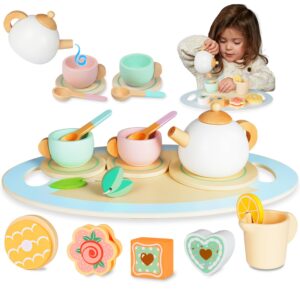 vewepata 17pcs wooden tea set for little girls, toddler tea set play kitchen accessories play food playset for kids tea party, wooden toys for 2 3 4 5 6 7 8 year old girls birthday gifts