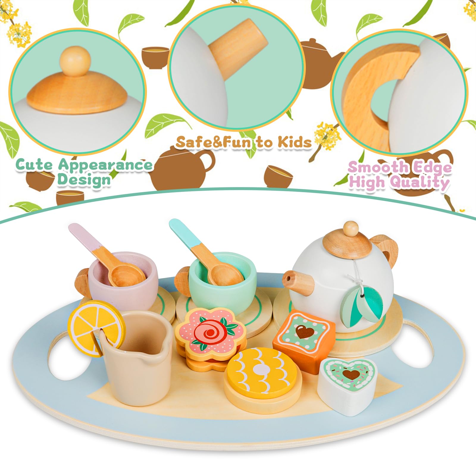 VewePata 17Pcs Wooden Tea Set for Little Girls, Toddler Tea Set Play Kitchen Accessories Play Food Playset for Kids Tea Party, Wooden Toys for 2 3 4 5 6 7 8 Year Old Girls Birthday Gifts