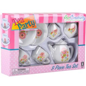 ArtCreativity Mini Porcelain Tea Set for Kids - Ceramic Pretend Play Set - Miniature Saucers, Cups, Teapot, Sugar and Cream Dispenser - Best Holiday, Birthday Gift for Boys and Girls Ages 8+