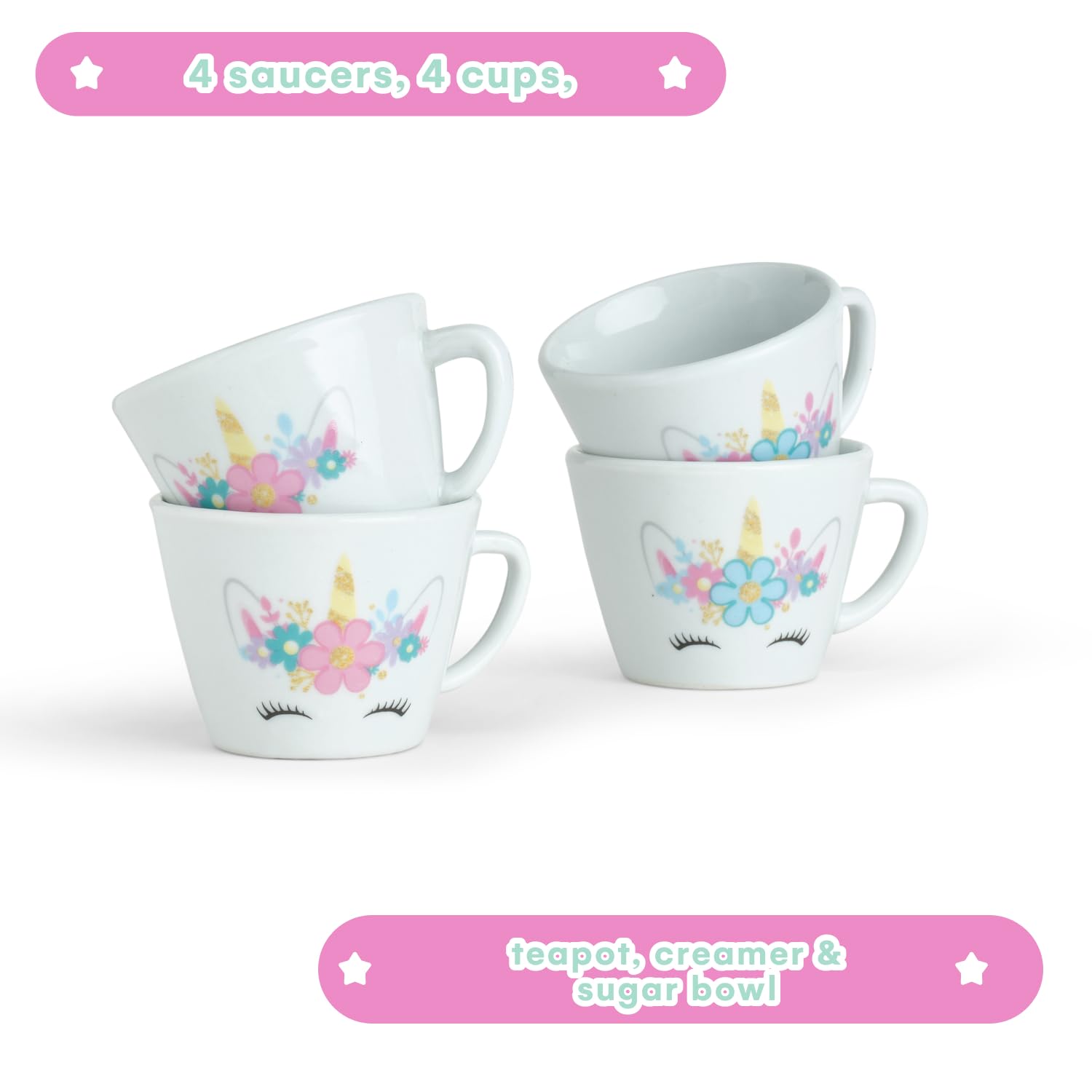 Porcelain Tea Set for Girls - Pink Ceramic Tea Cups with Pink Box - Tea Glass Toy for Kids and Girls Tea Party - Ideal Gift for Toddlers and Children's Ages 3 Years Old - Unicorn Design, 13 Pieces