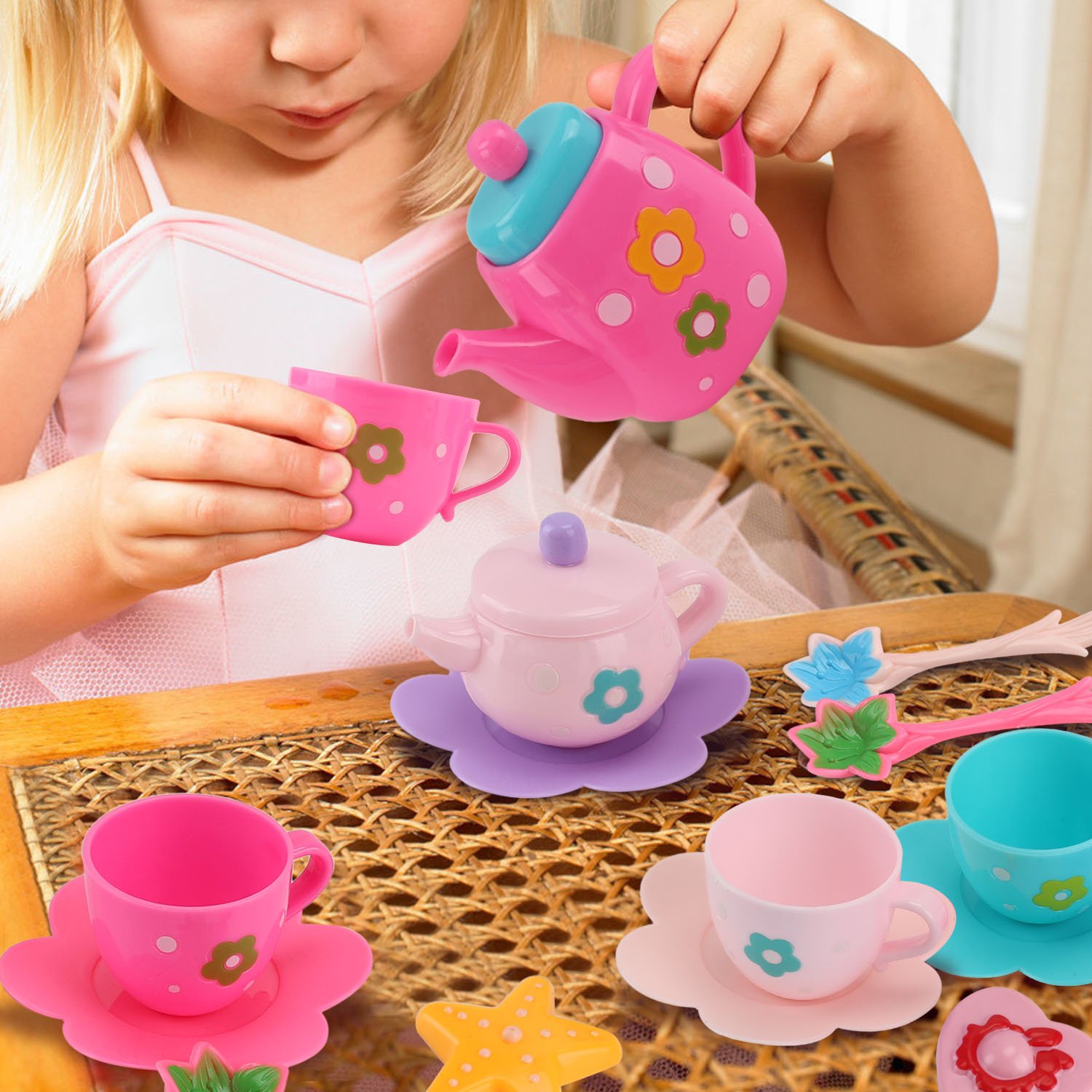 Liberty Imports Kids Tea Set Pretend Play Set - Small Plastic Tea Party Toy Kitchen Accessories, Gift Set for Little Girls, Toddlers (21-Piece)