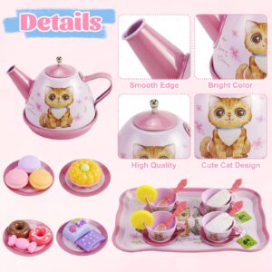 Fudragtn Tea Party Set for Little Girls, 50Pcs Kitchen Pretend Play Tea Set for Toddlers 3-6, Cat Princess Tea Time Toy with Tin Tea Set, Desserts, Cake & Carrying Case, Birthday Gift for Kids Girls