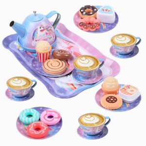 Golray Tea Party Set for Toddlers Girls Toys, Unicorn Gift for 3 4 5 6 Years Old, Tin Tea Set & Carrying Case & Food Treats Playset, Kids Kitchen Pretend Play for Age 3-6 Girls Birthday Gift Idea