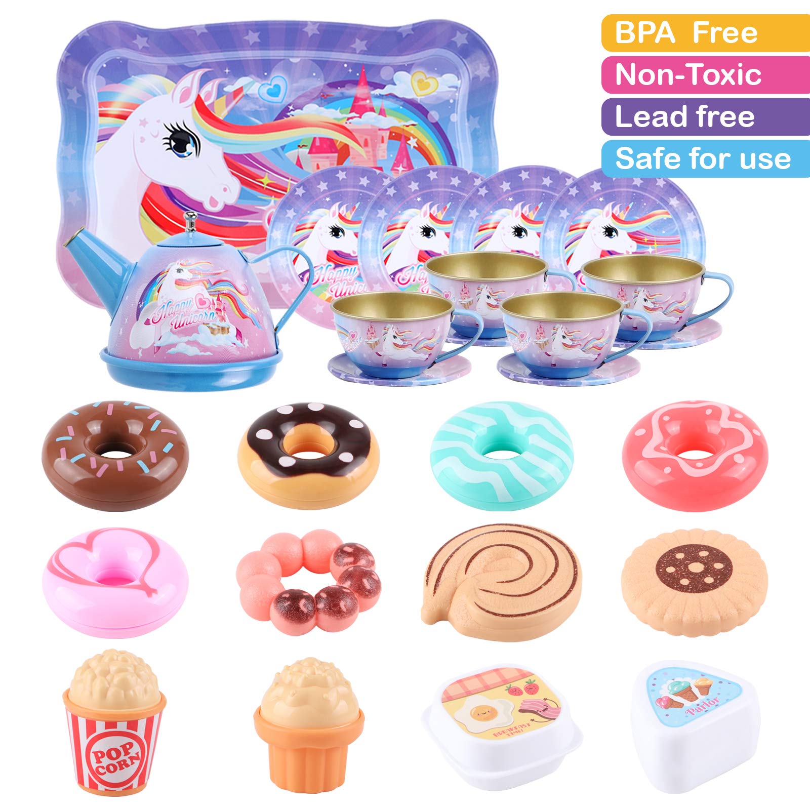 Golray Tea Party Set for Toddlers Girls Toys, Unicorn Gift for 3 4 5 6 Years Old, Tin Tea Set & Carrying Case & Food Treats Playset, Kids Kitchen Pretend Play for Age 3-6 Girls Birthday Gift Idea