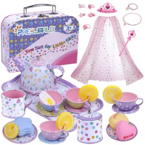 tea party set for little girls,pre-world princess tea time toy with food sweet treats playsets,dress up accessories cloak necklace bracelet jewelry set, kids kitchen pretend play for girls age 3-6