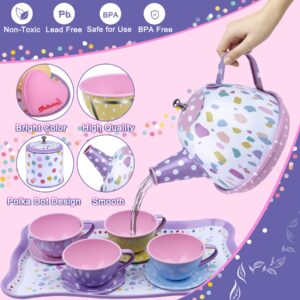 Tea Party Set for Little Girls,PRE-WORLD Princess Tea Time Toy with Food Sweet Treats Playsets,Dress Up Accessories Cloak Necklace Bracelet Jewelry Set, Kids Kitchen Pretend Play for Girls Age 3-6